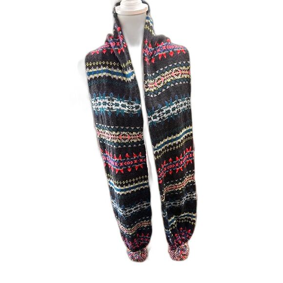 American Eagle Fair Isle Knit Scarf Pom Poms Long Unisex Winter Accessory Cozy - Picture 5 of 6